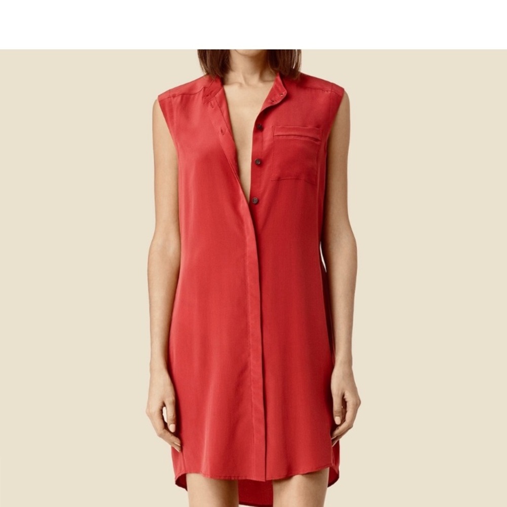All Saints Red Sleeveless Luna Shirt Dress. 100% Silk. Size 4. NWOT